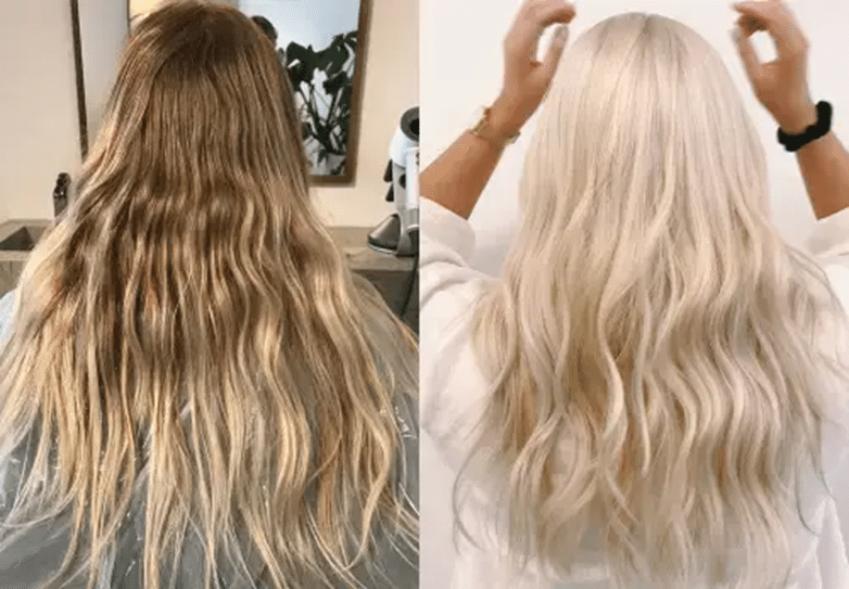 Décoloration sur cheveux blonds avant après